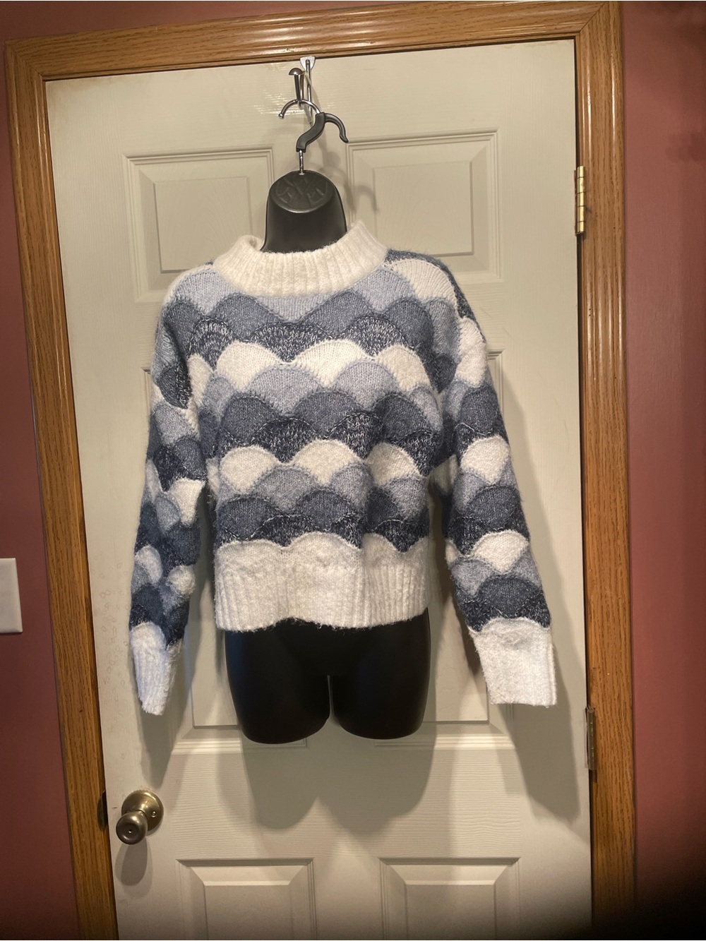a.n.a Blue & White Scalloped Knit Turtleneck Sweater